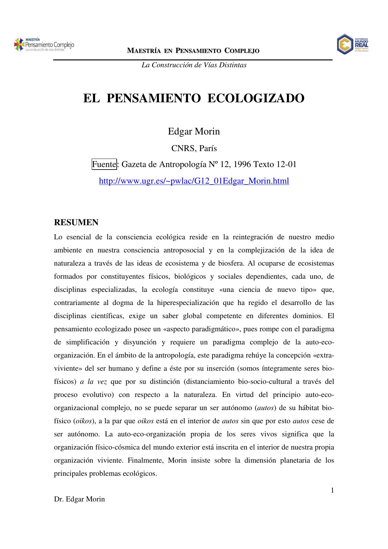 El Pensamiento Ecologizado